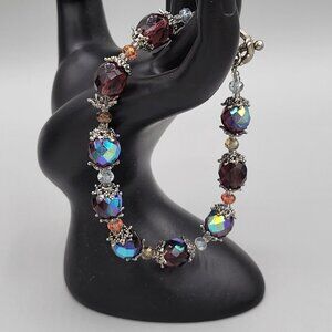 Faceted Purple AB Aurora Borealis Beaded Bracelet Ankh Charm Silver Tone Spacer